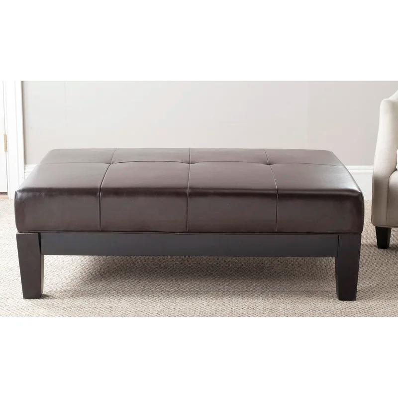 Transitional Tufted Cocktail Ottoman in Quilted Brown Faux Leather
