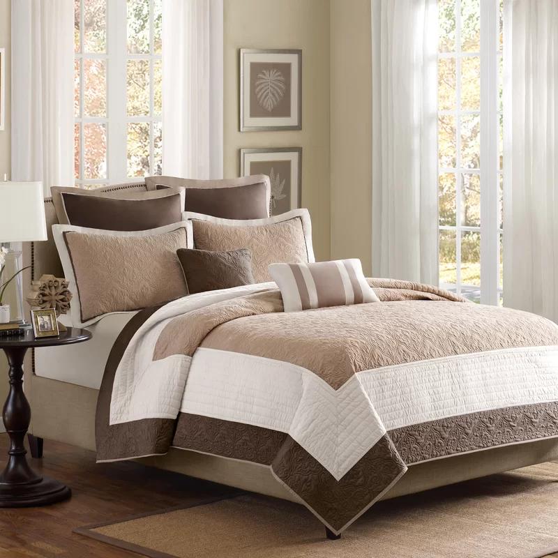 Brown and Beige Reversible Microfiber Coverlet Set with Shams