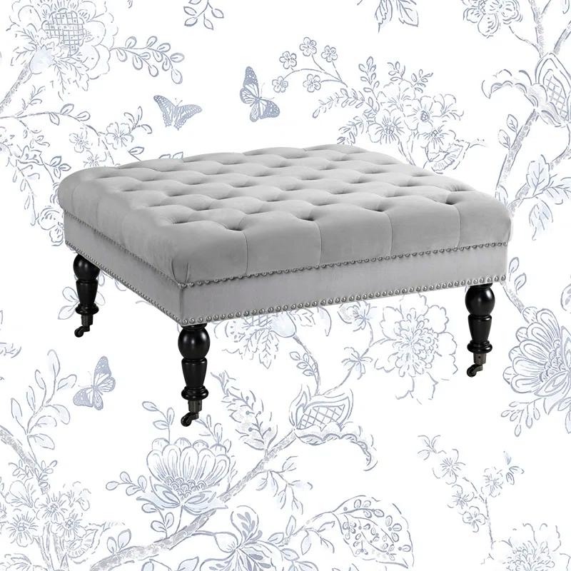 Isabelle 35" Gray Velvet Tufted Cocktail Ottoman with Nailhead Trim