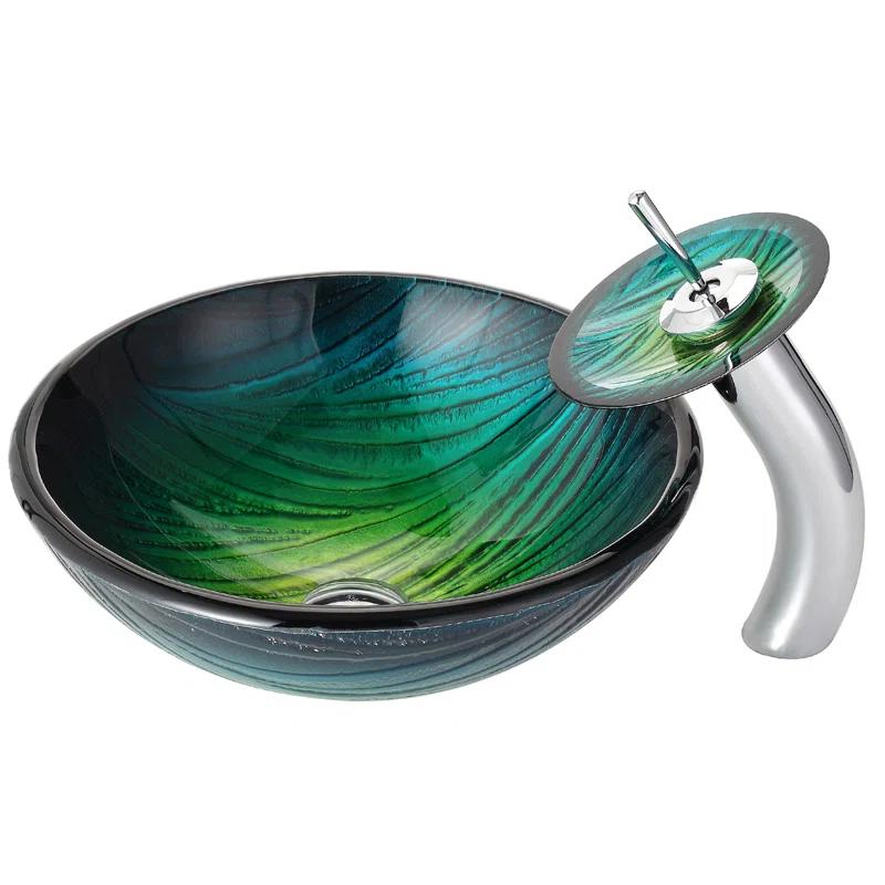 Kraus Nei Glass Bathroom Vessel Sink and Waterfall Faucet Set with Pop-Up Drain