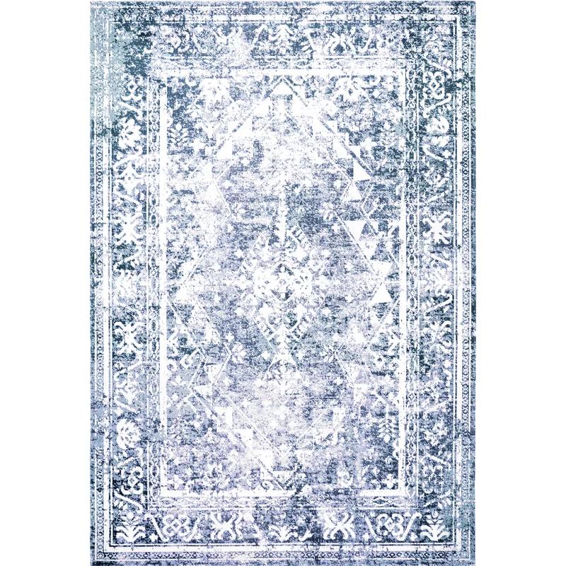 Navy Blue and Ivory Distressed Medallion 8' x 10' Indoor/Outdoor Rug