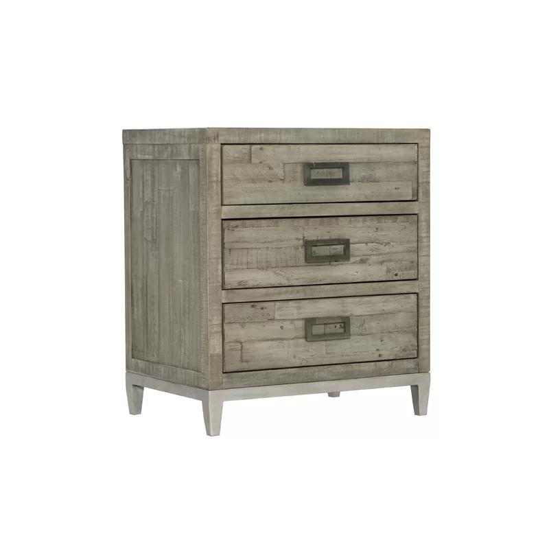 Transitional Gray 3-Drawer Metal Nightstand with Reclaimed Pine