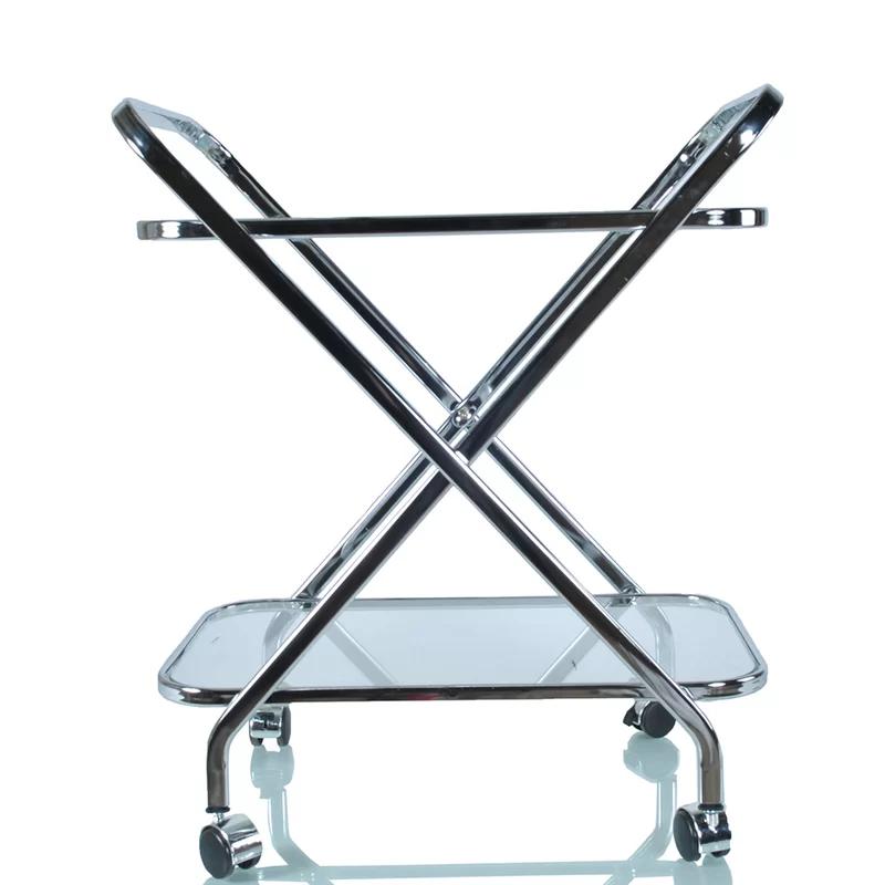 Sophisticated Chrome and Glass X-Shape Bar Cart with Locking Wheels