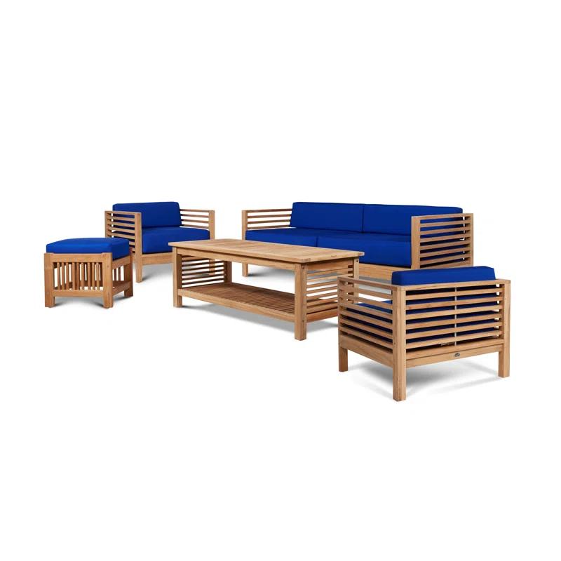 Summer 5-Piece Teak Outdoor Conversation Set with Blue Cushions