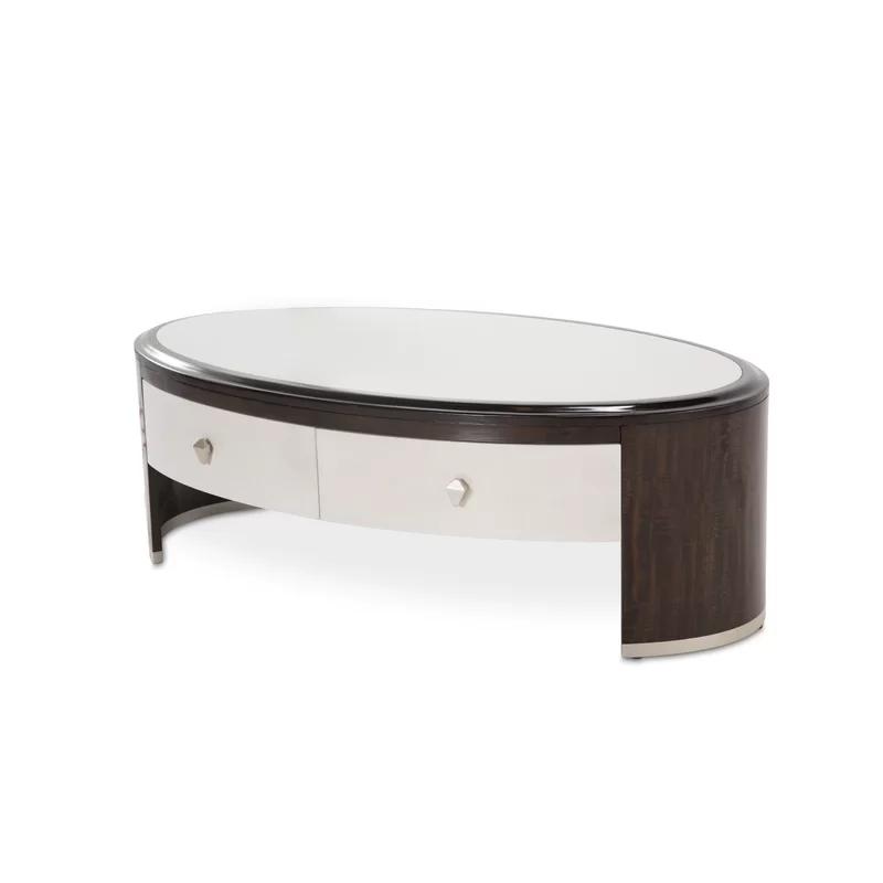 Transitional Brown and White Oval Wood Coffee Table with Storage