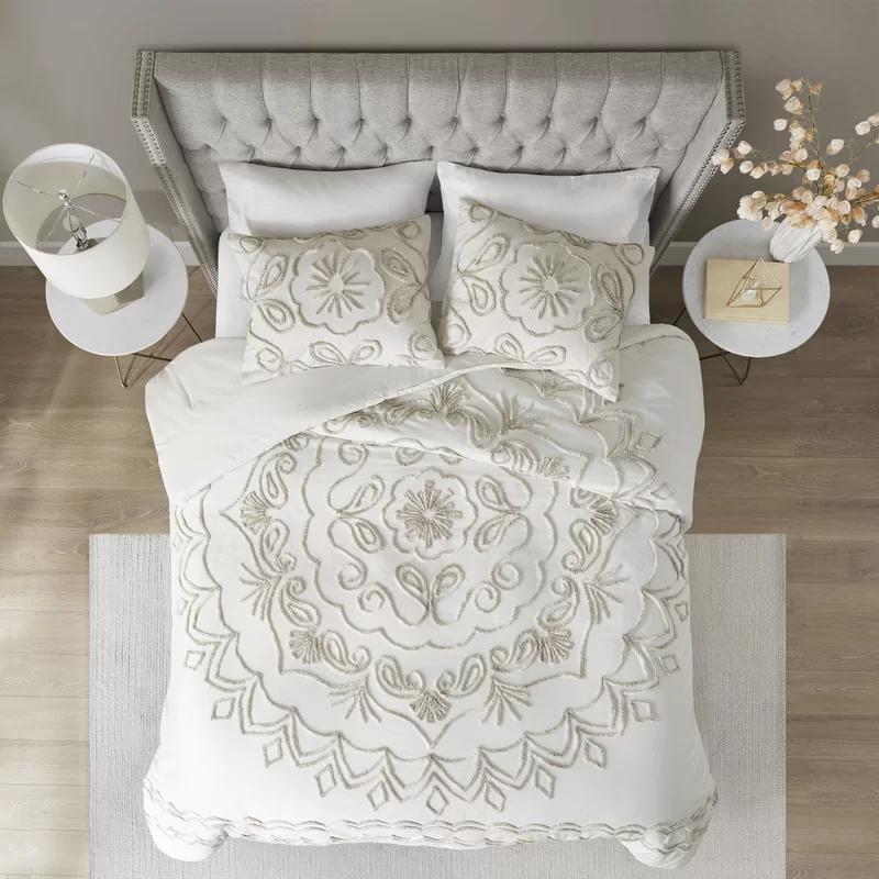 Ivory Full Cotton Chenille Comforter Set with Tufted Medallion