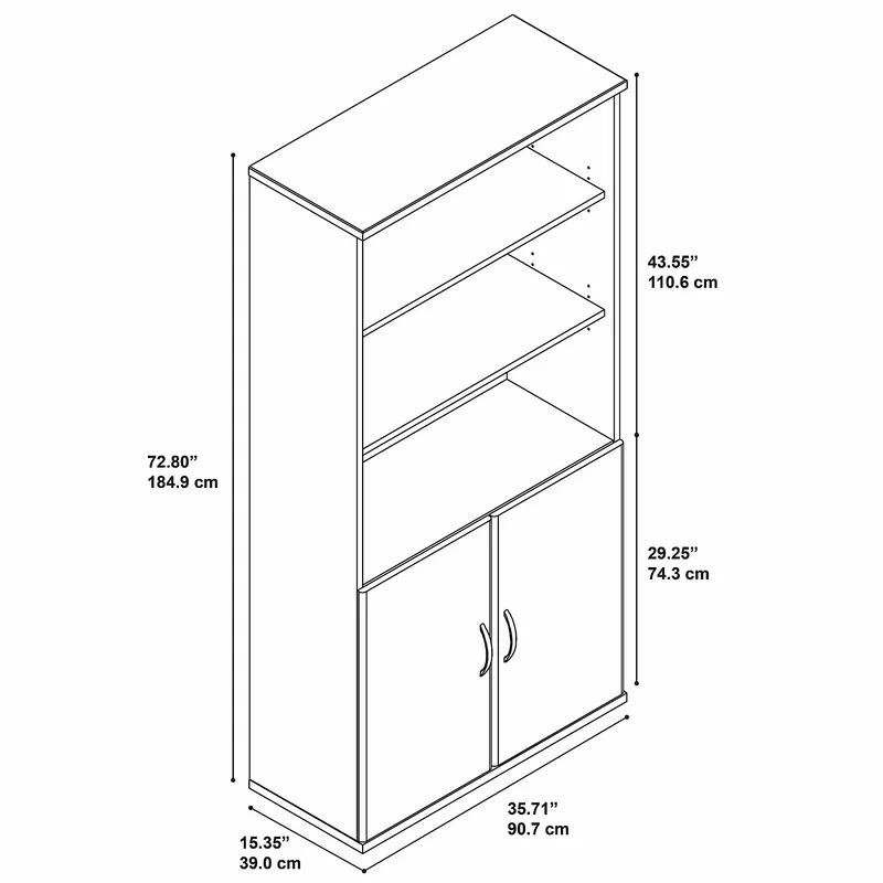 Mocha Cherry 36W 5-Shelf Bookcase with Adjustable Shelves and Doors