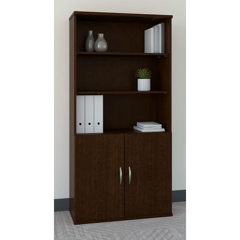 Mocha Cherry 36W 5-Shelf Bookcase with Adjustable Shelves and Doors