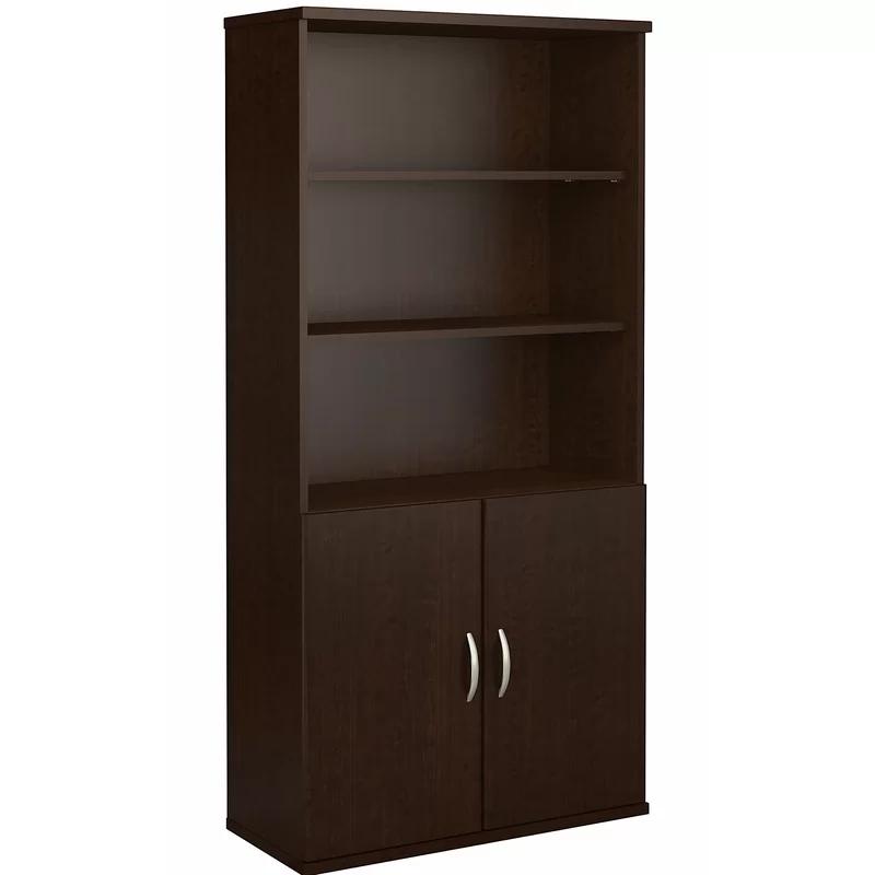 Mocha Cherry 36W 5-Shelf Bookcase with Adjustable Shelves and Doors