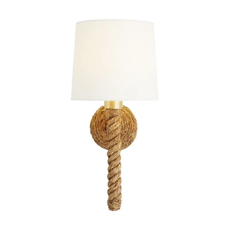 Douglas 19" Coastal Brass & Jute Wall Sconce with Off-White Linen Shade