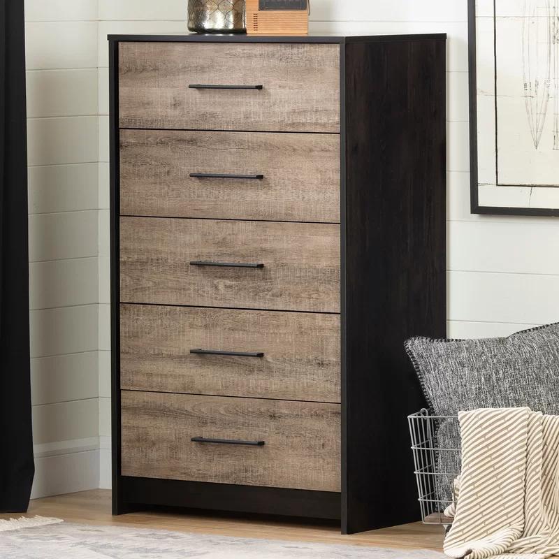 Weathered Oak and Black Industrial 5-Drawer Vertical Chest