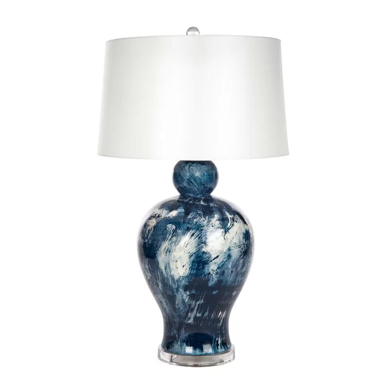 Marbleized Blue Ceramic and Crystal Table Lamp with Off-White Shade