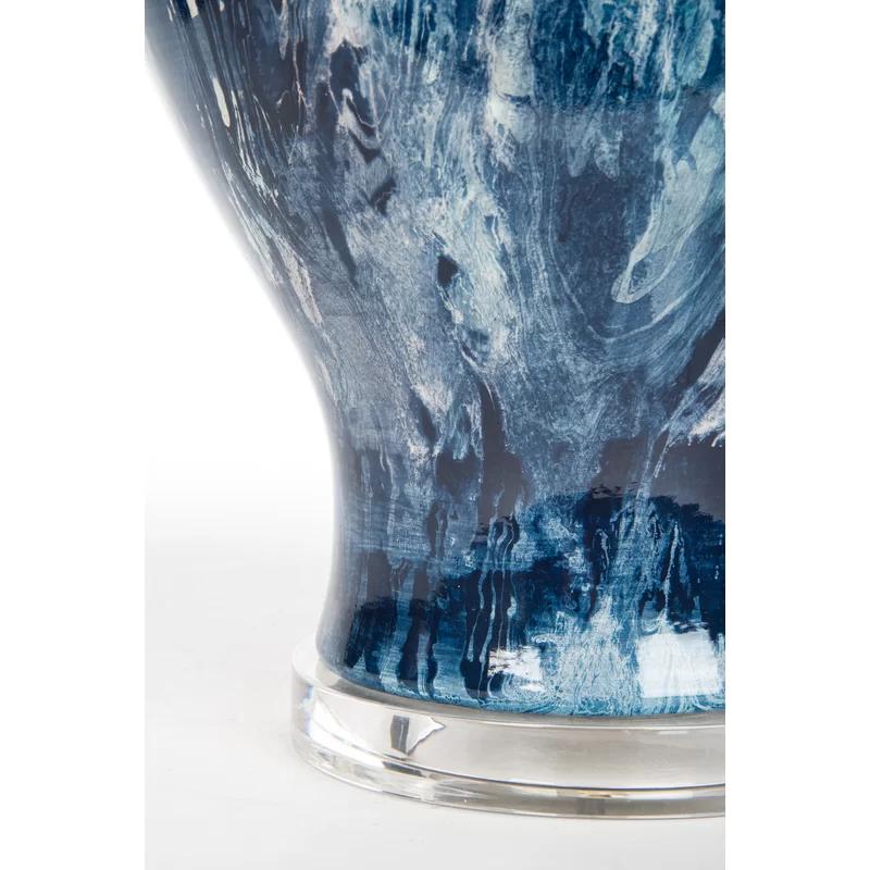 Marbleized Blue Ceramic and Crystal Table Lamp with Off-White Shade