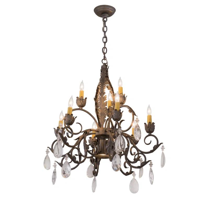 Country French Bronze 10-Light Crystal Chandelier with Cream Shades