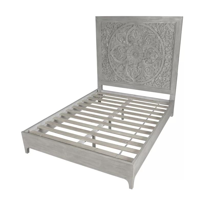 Boho Chic Sandblasted Pine Queen Bed with Carved Mandala Headboard