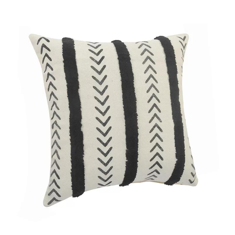 Herringbone Black & Cream Tufted Striped 20" Square Throw Pillow