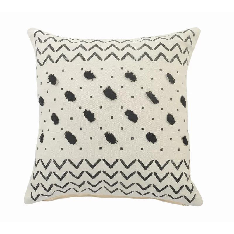20" Square Black and Cream Tufted Grid Cotton Throw Pillow