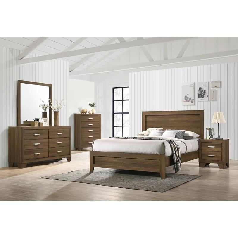 Elegant Oak Queen Bed with Upholstered Headboard and Storage Drawer