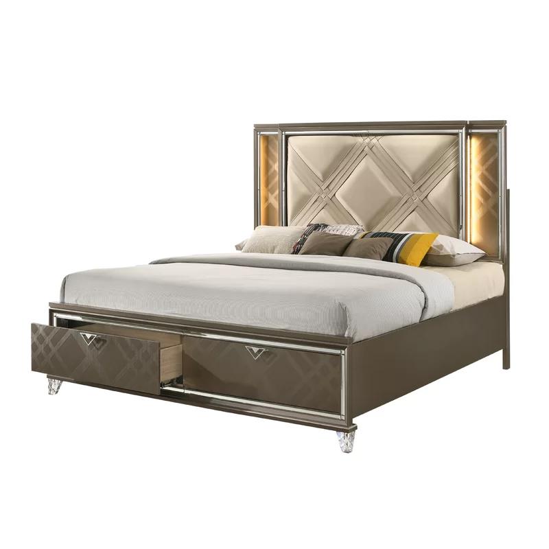 Champagne Faux Leather Full Bed with Storage and LED Lighting