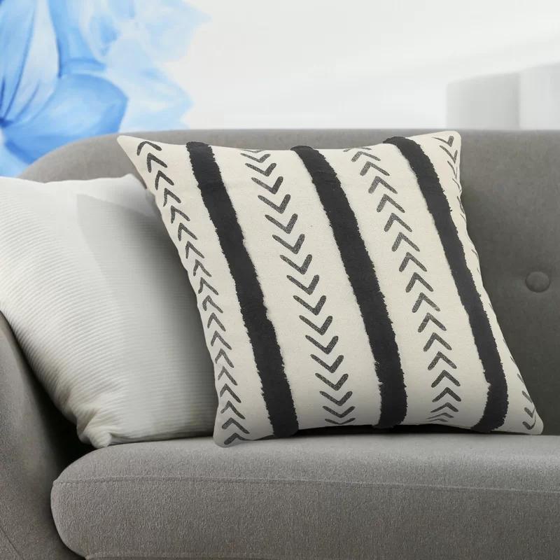 Herringbone Black & Cream Tufted Striped 20" Square Throw Pillow