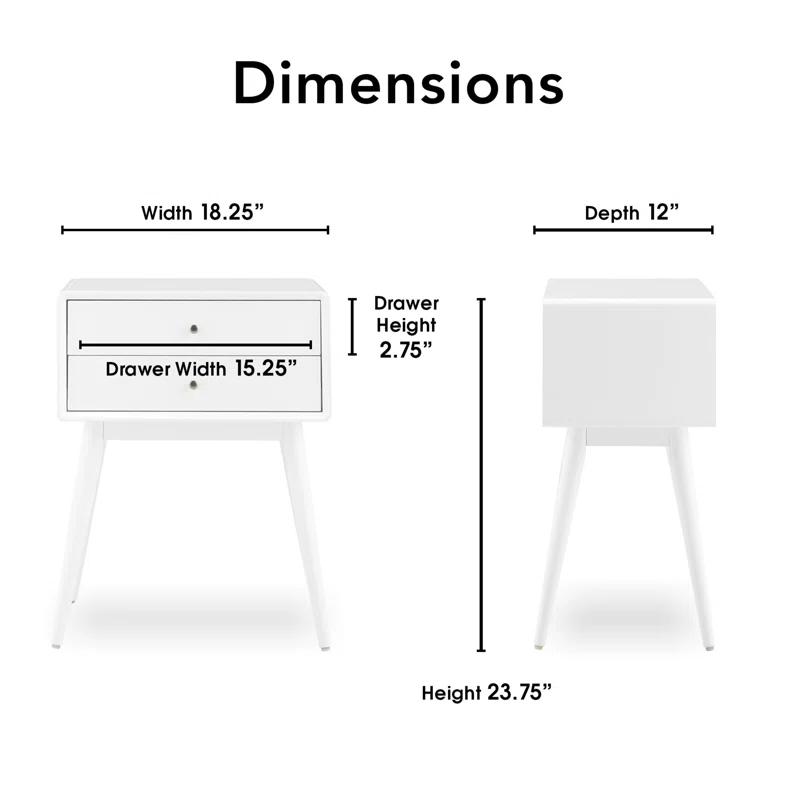 Mid-Century Modern White Wood and Metal Nightstand with Dual Drawers