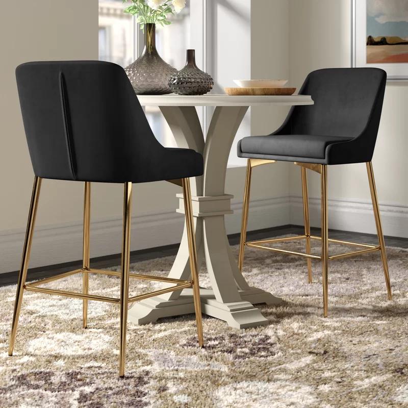 Contemporary Black Velvet Counter Stool with Polished Gold Metal Legs