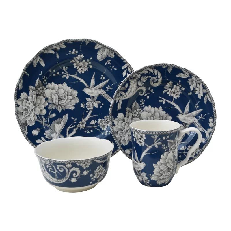 Adelaide Toile Porcelain 16-Piece Dinnerware Set in Dark Blue