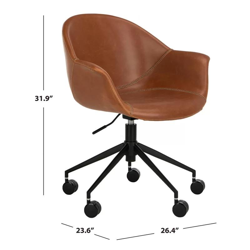 Transitional Ember Swivel Task Chair in Light Brown Leather and Black Wood