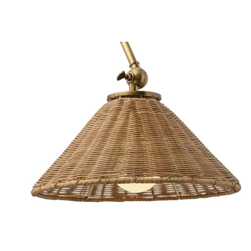 Antique Brass Dimmable Swing Arm Sconce with Woven Rattan Shade