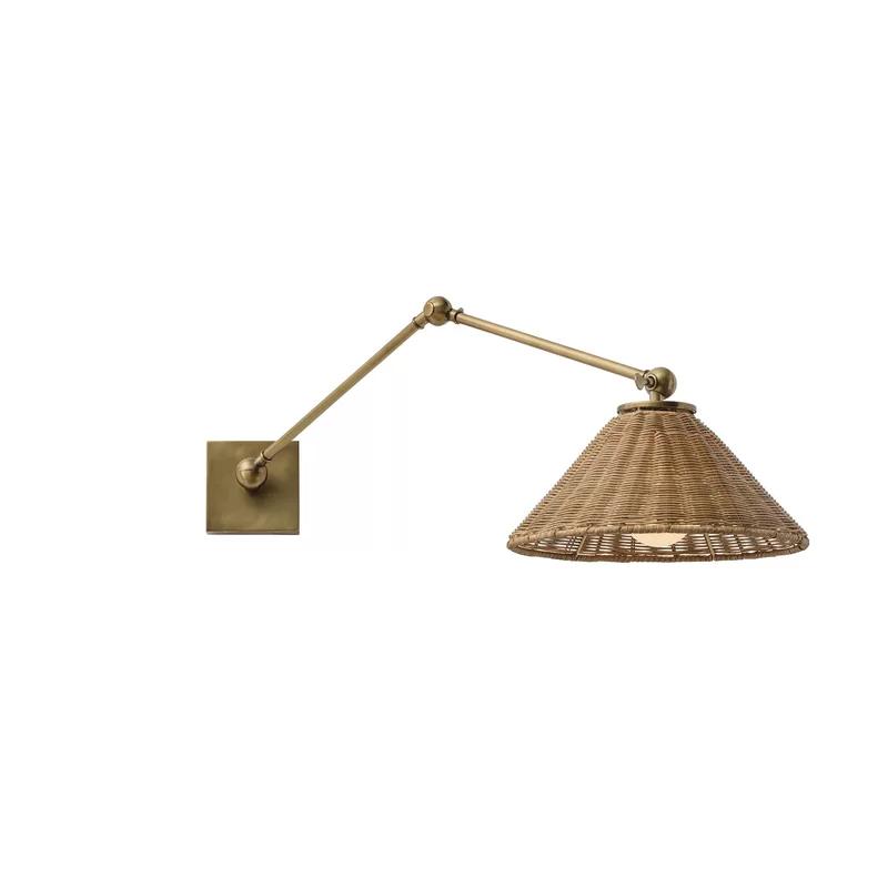 Antique Brass Dimmable Swing Arm Sconce with Woven Rattan Shade