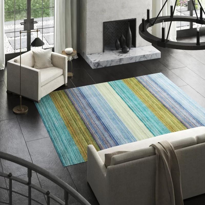 Hand-Woven Striped Tufted Wool Rug in Dark Blue, 30'' W
