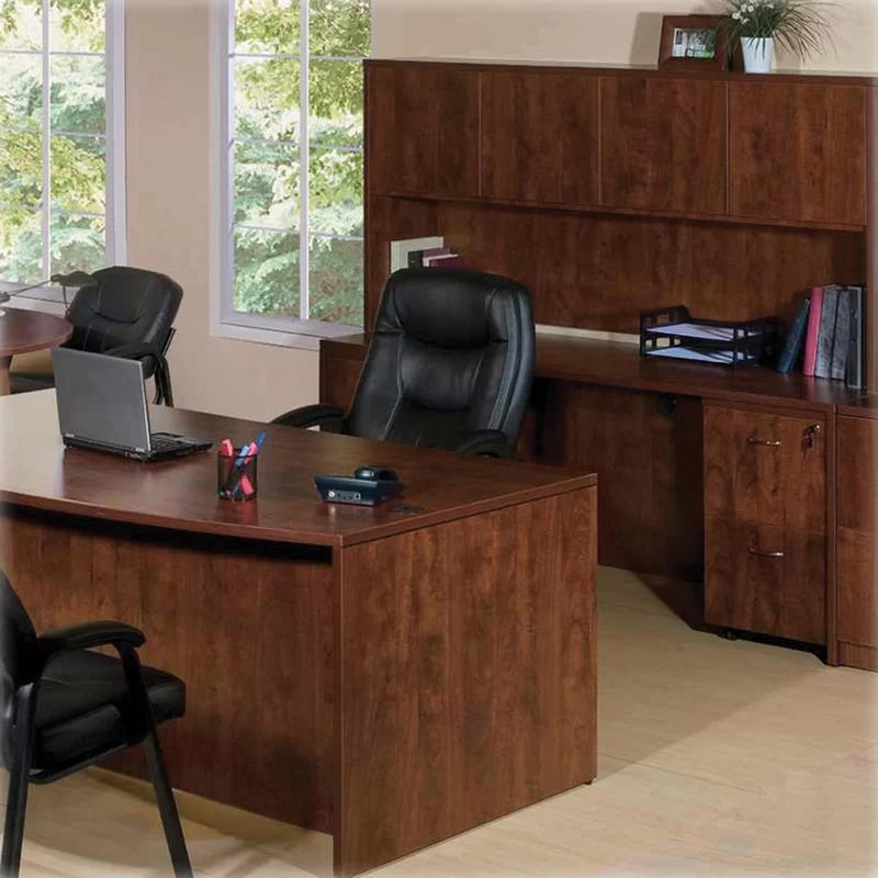 Cherry Laminate Left Corner Credenza with Modesty Panel and Grommet Holes