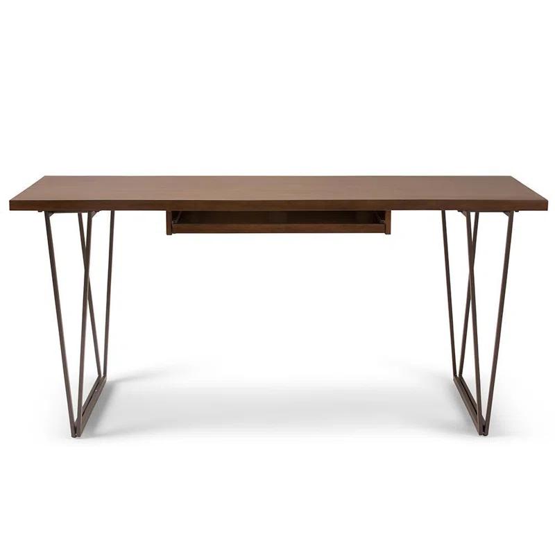 Simpli Home Ryder 66"W Solid Wood Desk, Industrial Contemporary Style with Keyboard Tray and V-Design Metal Base