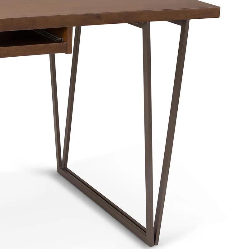 Simpli Home Ryder 66"W Solid Wood Desk, Industrial Contemporary Style with Keyboard Tray and V-Design Metal Base
