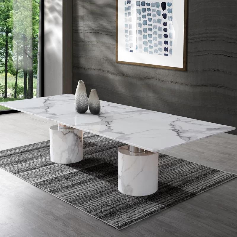 Contemporary 120" White Marble & Chrome Dining Table for Six