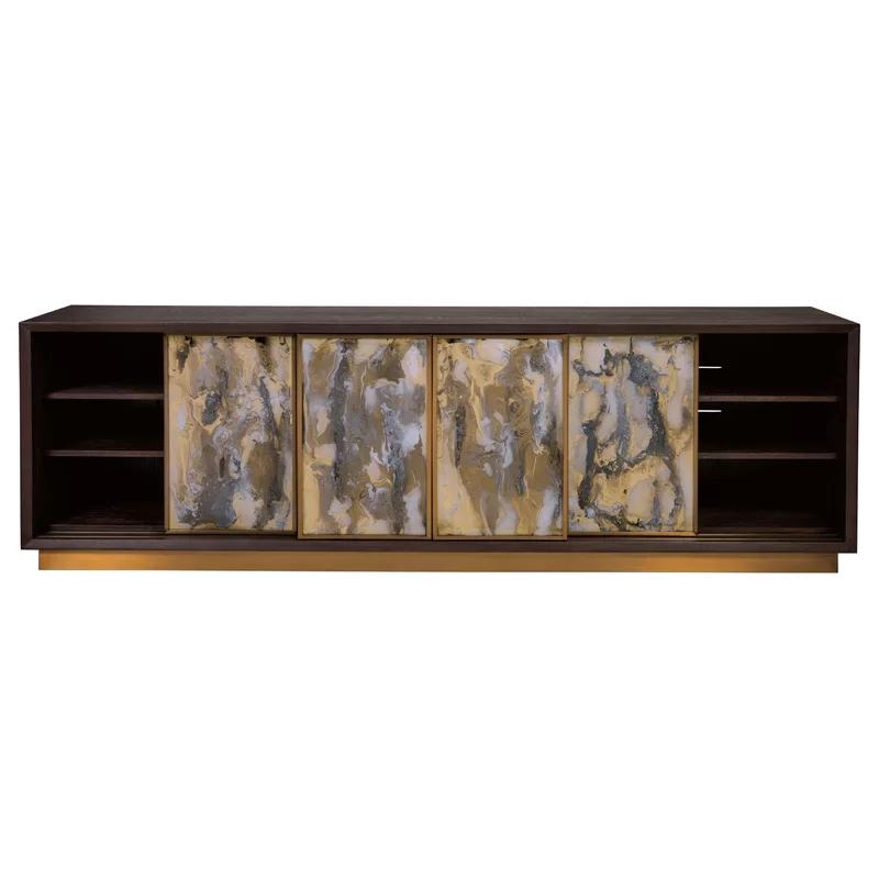 Transitional White Oak Media Console with Brass Accents