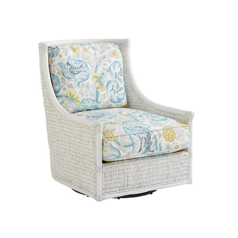 Coastal Breeze White Leather-Wrapped Swivel Armchair with Wood Accents