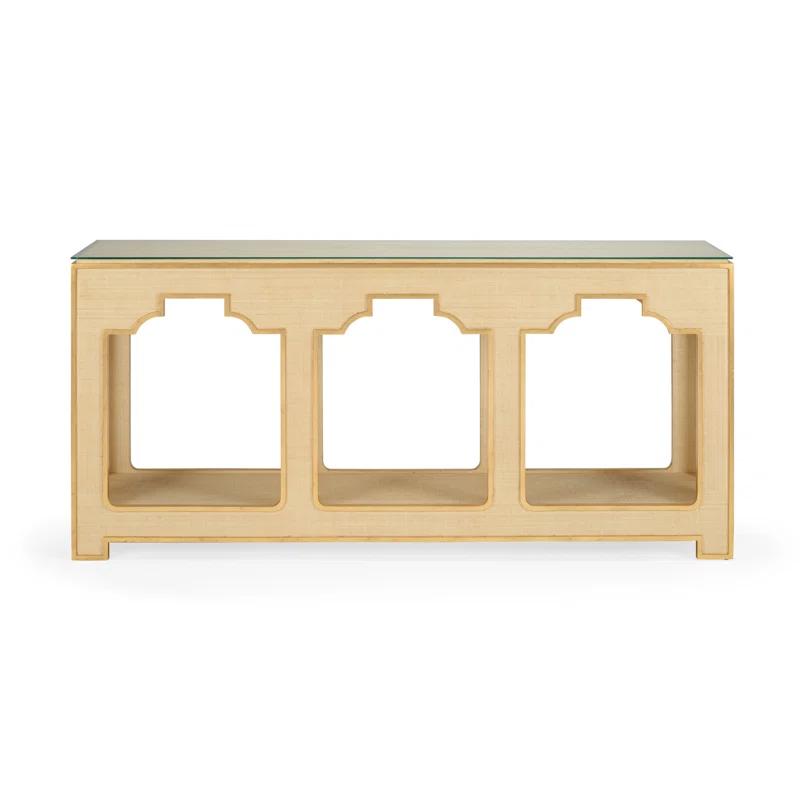 Cream and Gold Leaf Wood Console Table with Glass Top
