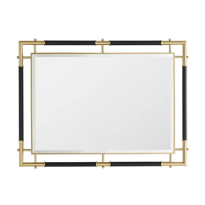 Atlanta Luxe Gold Brass and Navy Leather Rectangular Wall Mirror