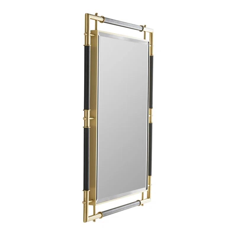 Atlanta Luxe Gold Brass and Navy Leather Rectangular Wall Mirror