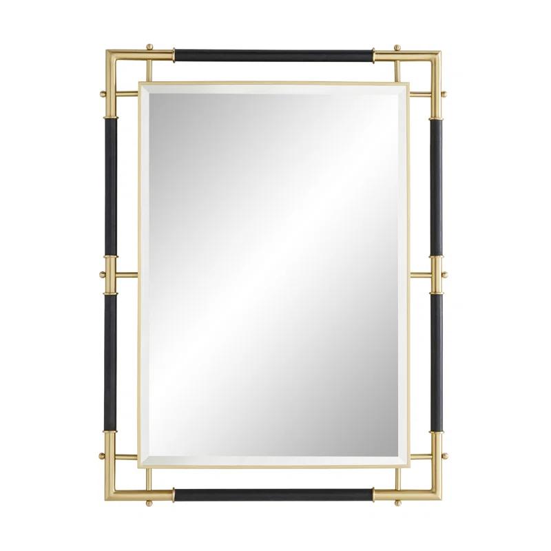 Atlanta Luxe Gold Brass and Navy Leather Rectangular Wall Mirror