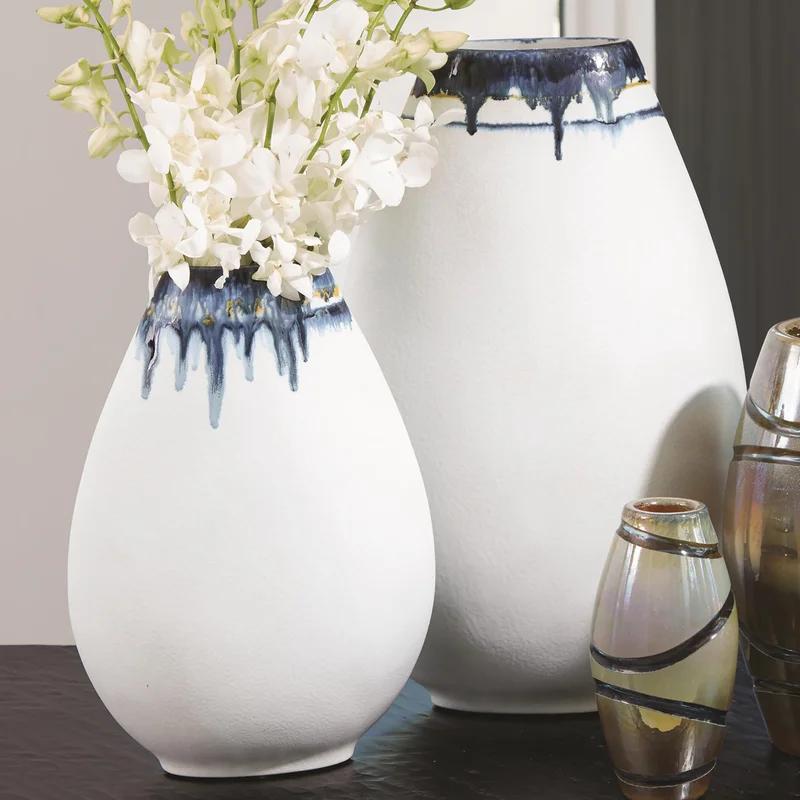 Elegant Porcelain Table Vase with Hand-Painted Blue and Yellow Drip