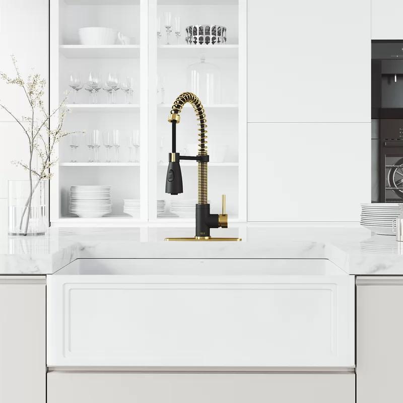 Elegant Dual-Tone Matte Gold and Black Pull-Down Kitchen Faucet with Deck Plate
