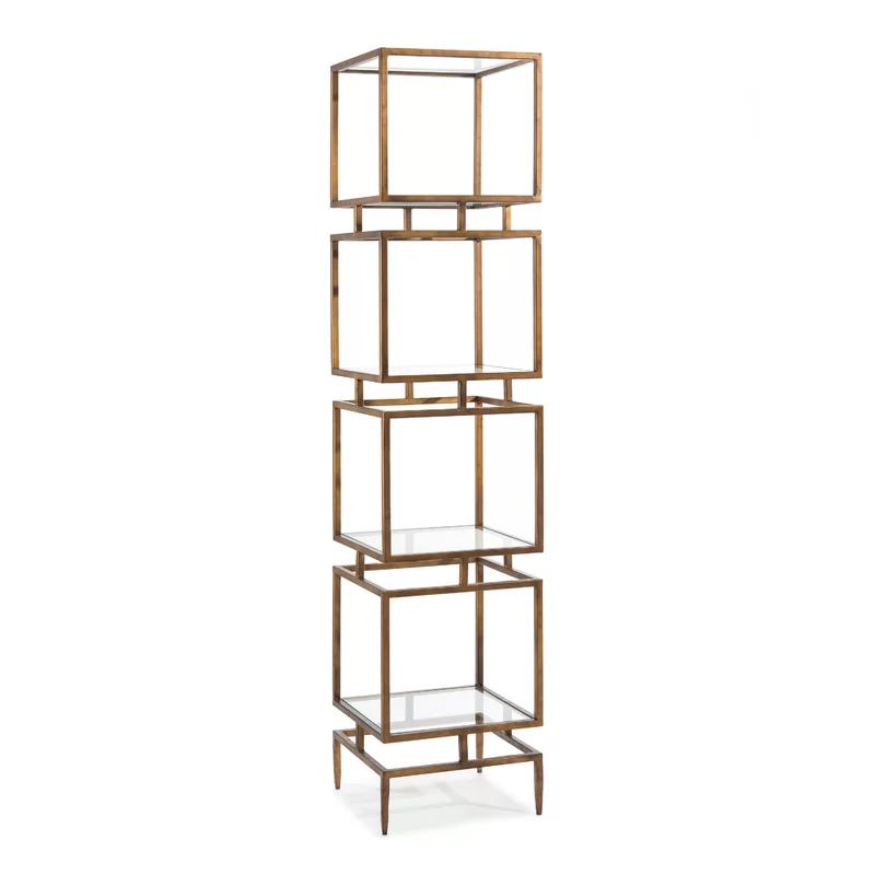 Modernist Antiqued Brass Cubes Etagere with Glass Shelves