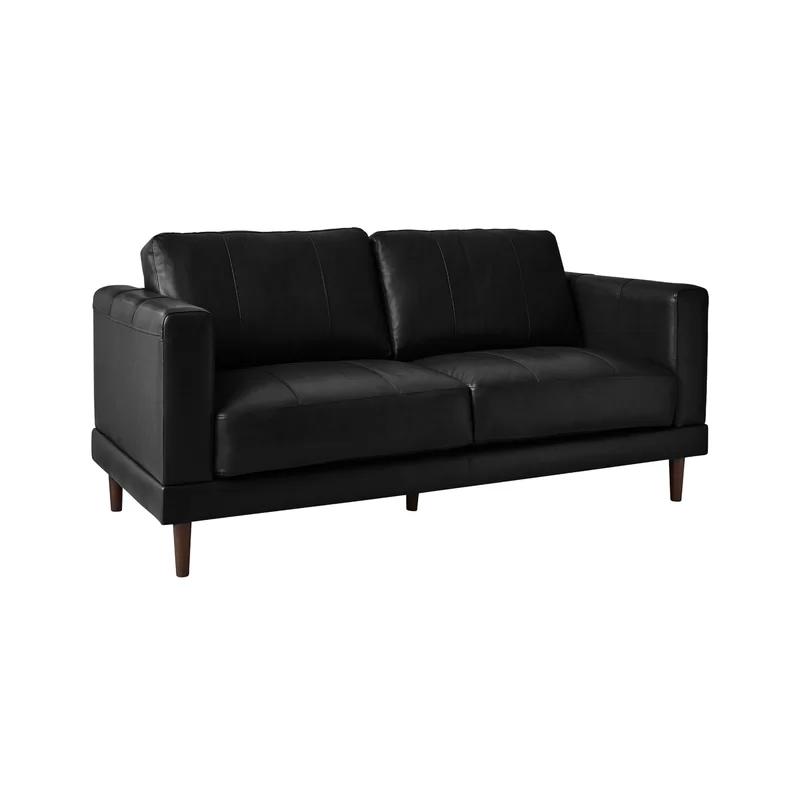 Hanson Contemporary Black Genuine Leather Loveseat with Wooden Legs