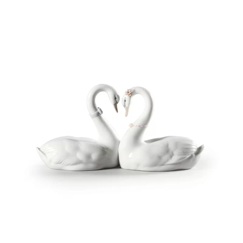 Elegant Swan Love Heart Glossy White Porcelain Figurine