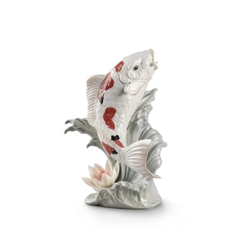Sanke Koi Porcelain Figurine with Waterlily, Handcrafted in Spain