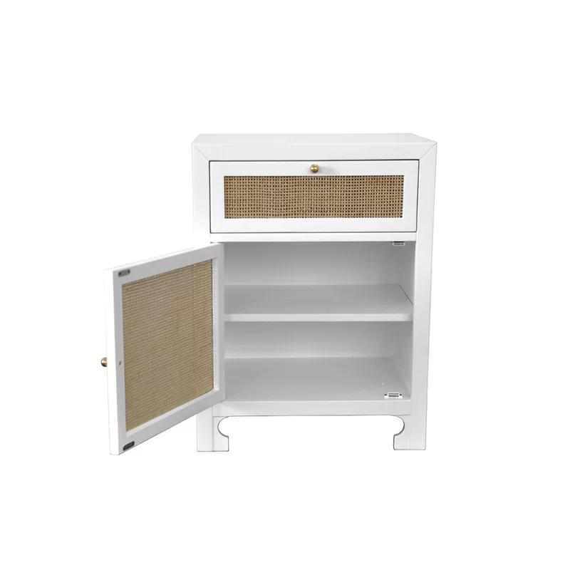 Elegant Freestanding White Cabinet with Adjustable Shelving and Brass Accents