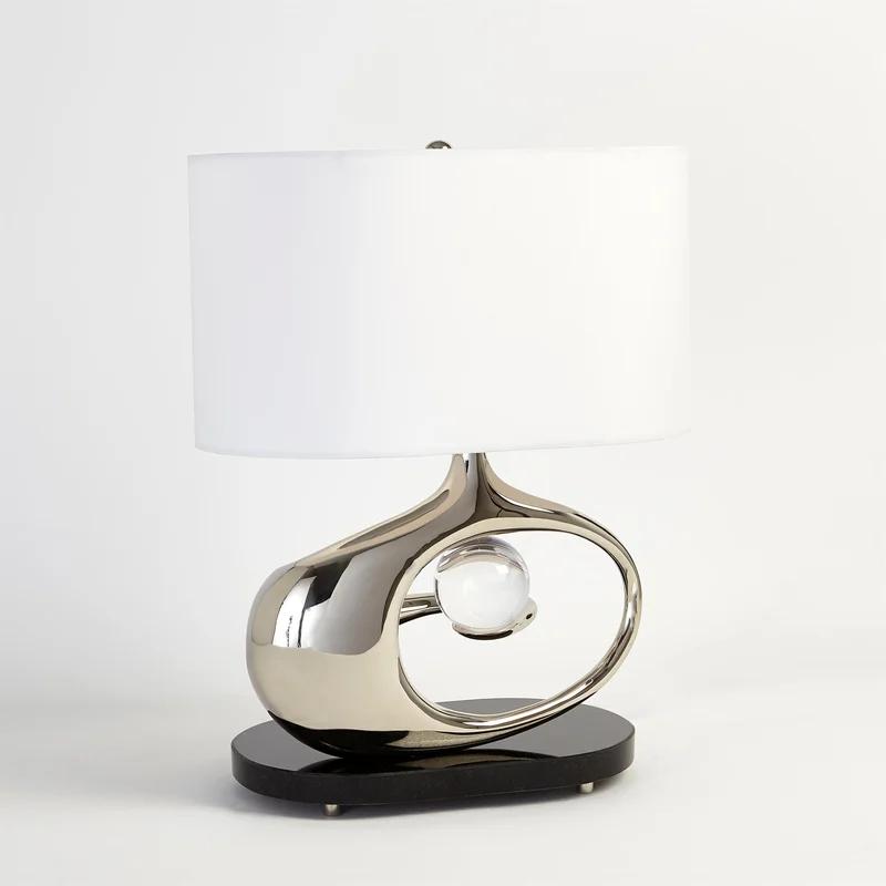 Sleek Orbit Nickel Table Lamp with White Drum Shade and Crystal Accent