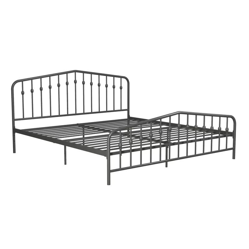 King-Size Gunmetal Gray Metal Bed with Upholstered Headboard and Storage Drawer